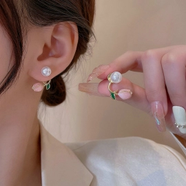 Style Tulip Flower Pearl Earrings Summer Silver Needle Stud Earring for Women Fashion Jewelry