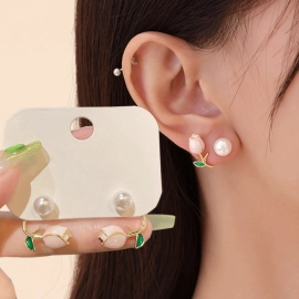 Style Tulip Flower Pearl Earrings Summer Silver Ne..